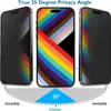 Three iPhones are shown, two with privacy screens and one with a rainbow-colored display. A diagram shows a 25-degree privacy angle. Produktbild-Vorschau