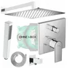 A collection of shower components, including a showerhead, hand shower, hose, and faucet controls, arranged on a white background. Produktbild-Vorschau