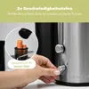 A hand operating a juicer, with carrots in the chute and text overlays describing its features. Produktbild-Vorschau