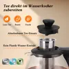 Close-up view of a glass kettle with a removable tea infuser, highlighting its features. Produktbild-Vorschau