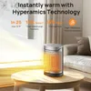 A space heater is shown on a wooden table in a living room setting, with promotional text overlaid. Produktbild-Vorschau