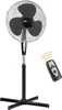 A black and silver Clatronic stand fan with a remote control, presented on a white background. Produktbild-Vorschau