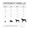 A size chart for pet products, showing dimensions and dog silhouettes. Produktbild-Vorschau