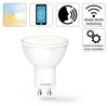 A white Hama WLAN-LED-Lampe with several feature icons in the background. Produktbild-Vorschau