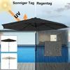 A black patio umbrella is shown in use, with a split image showing it protecting from sun and rain. Smaller inset images show the umbrella in black and beige. Voir les images du produit