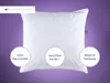 A white pillow is shown against a purple background, with three circular overlays highlighting product features. Produktbild-Vorschau
