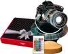 A gift box and a 3D LED lamp shaped like a camera are displayed together on a white background. Produktbild-Vorschau