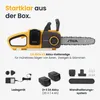A marketing image showcasing a STIGA cordless chainsaw kit, including the chainsaw, batteries, charger, and wall mount. Produktbild-Vorschau