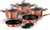 A set of copper-colored cookware, including pots and pans, is displayed on a white background. Podgląd zdjęcia produktu