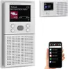 A collage of a white VR-Radio device, a smaller white radio, and a hand holding a smartphone displaying a radio app. Produktbild-Vorschau