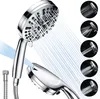 A chrome-colored hand shower head with water spraying from it, shown with smaller circular insets demonstrating different spray patterns. Produktbild-Vorschau