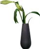 A dark gray vase with a textured pattern holds a green plant with two buds. Náhled obrázku produktu