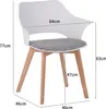 A white chair with a black and white patterned seat cushion and wooden legs, with dimensions indicated by text and lines. Produktbild-Vorschau