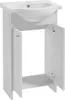 A white bathroom vanity with a sink and open cabinet doors, shown against a white background. Produktbild-Vorschau