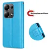 A blue flip case for a Xiaomi Redmi Note 13 Pro 4G phone, shown open and closed, with a close-up of the magnetic closure and a graphic indicating the magnetic closure feature. Produktbild-Vorschau