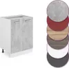 A kitchen base cabinet with two doors and a concrete-look front, shown next to a palette of color samples. Voir les images du produit