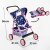 A doll stroller is shown in an upright position with dimensions indicated, and a folded version is shown to the side. Produktbild-Vorschau