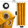 A close-up of a yellow curtain with grommets, next to a diagram showing its dimensions. Produktbild-Vorschau