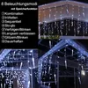 A collage of images showing white icicle string lights, with text describing different lighting modes. Produktbild-Vorschau