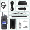A collage of images showing a digital radio and its accessories, including cables, charger, battery, and manual. Produktbild-Vorschau