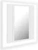 A white bathroom mirror cabinet with a reflective surface, shown at an angle against a white background. Produktbild-Vorschau