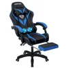 A black and blue gaming chair with a footrest and massage feature, shown on a white background. Náhled obrázku produktu