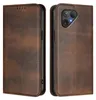 A brown leather flip case for a smartphone, shown from two angles. Produktbild-Vorschau
