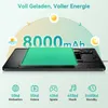 A tablet is shown with a large battery graphic and feature icons below. Produktbild-Vorschau