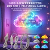 A bedroom scene with a large, illuminated cloud decoration on the wall and smaller cloud lights on a bed. Produktbild-Vorschau