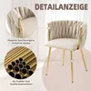 A beige upholstered chair with gold metal legs, shown with close-ups of its design and materials. Anteprima dell’immagine prodotto