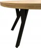 A close-up view of the base of a round table with a wooden top and black metal legs. Produktbild-Vorschau