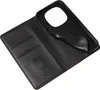 A black leather flip case for a smartphone is shown open, revealing the interior card slots and the phone holder. Produktbild-Vorschau