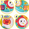 A collage of four close-up images showing different features and interactive elements of a children's musical toy. Produktbild-Vorschau