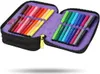 A black pencil case with purple lining, filled with colorful markers, is shown open. Podgląd zdjęcia produktu