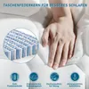 A hand pressing into a mattress, with a close-up of the pocket springs and feature icons at the bottom. Produktbild-Vorschau