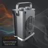 A silver and black portable heater is shown with orange and blue wavy lines representing heat and cool air flow. Text overlays describe its functions. Produktbild-Vorschau