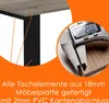 A close-up of a table edge and a caliper measuring the thickness of the material, with text overlay describing the product's features. Náhled obrázku produktu