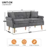 A diagram of a gray sofa with dimensions and feature icons. Produktbild-Vorschau