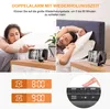 A split image showing a woman reaching for an alarm clock and a man waking up, with additional graphics illustrating alarm times and a close-up of the alarm clock's buttons. Produktbild-Vorschau