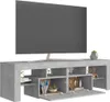 A modern gray TV stand with a large television on top, showcasing a minimalist design and interior storage compartments. Produktbild-Vorschau