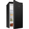 A black Bomann refrigerator with its door open, revealing shelves stocked with food items. Produktbild-Vorschau