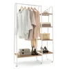 A white metal and wood garment rack with clothes hanging on it and shelves holding various items. Produktbild-Vorschau