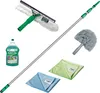 A collection of window cleaning tools and supplies, including a squeegee, cleaning solution, microfiber cloths, and a duster, arranged on a white background. Produktbild-Vorschau