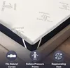 A mattress topper is shown on a bed, with marketing icons and text below. Náhled obrázku produktu