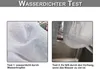 Two images demonstrating the waterproof test of a fabric, with text explaining the tests. Produktbild-Vorschau