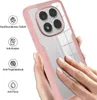 A hand is shown touching the back of a pink and clear phone case, highlighting its features. Produktbild-Vorschau