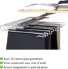 A pull-out closet organizer for pants, shown with pants hanging on it, and a shelf with folded clothes above. Produktbild-Vorschau