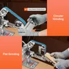A split image showing two different grinding techniques with a belt grinder. The top section shows circular grinding, and the bottom section shows flat grinding. Both sections feature hands wearing gloves operating the machine. Voir les images du produit