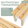 Close-up view of a wooden garden bench with text overlays providing product information and branding. Produktbild-Vorschau