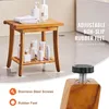 A wooden shower stool with toiletries on it, with text overlays highlighting features. Podgląd zdjęcia produktu